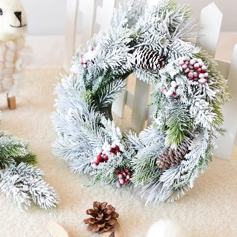 Home Christmas Decorations Mori Snow Christmas Wreath Flocking Cedar Christmas Door Hanging European Decoration Merry Christmas