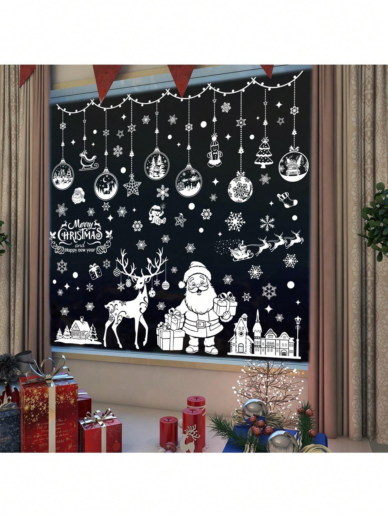 202PCS Christmas Decorations Christmas Glass Window Stickers Double Sided Reusable Cute Winter Holiday Window Stickers Home Decoration