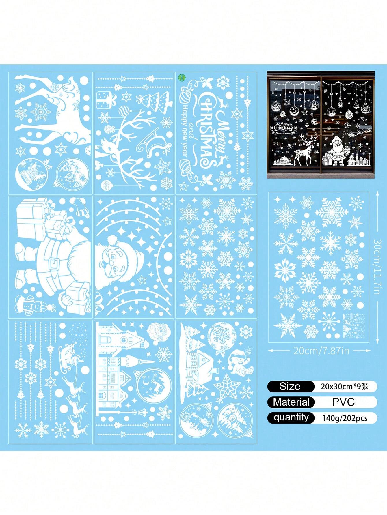 202PCS Christmas Decorations Christmas Glass Window Stickers Double Sided Reusable Cute Winter Holiday Window Stickers Home Decoration