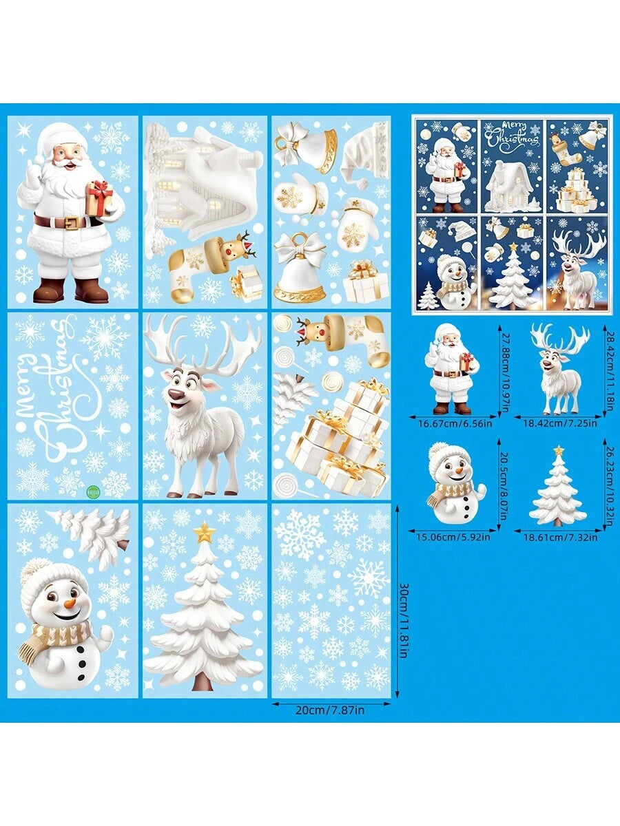 1 Set of 9Pcs Christmas Snowflake Static Clings, Santa Claus and Reindeer Patterns, for Mirror, Glass, Window Christmas Decorations