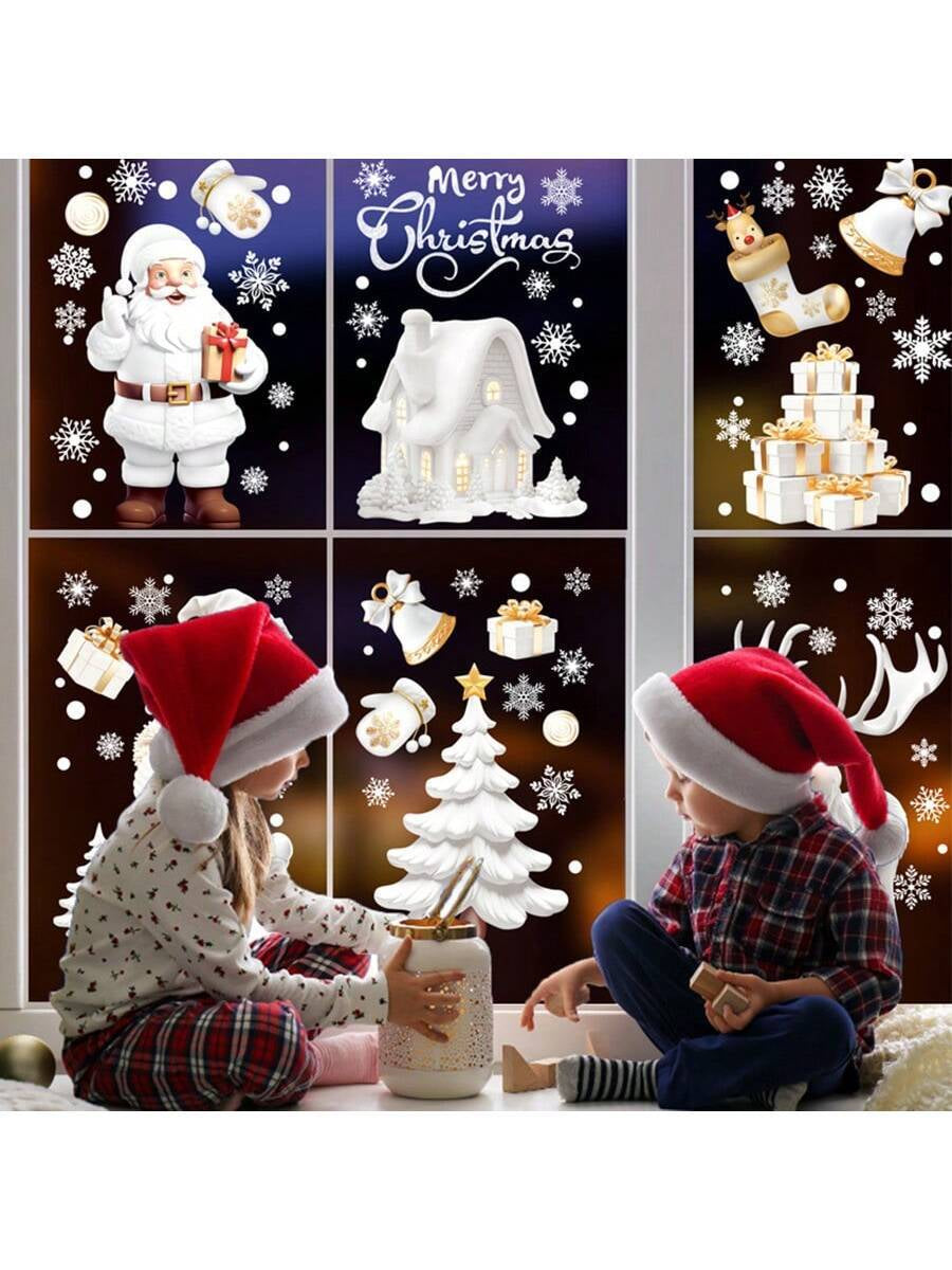 1 Set of 9Pcs Christmas Snowflake Static Clings, Santa Claus and Reindeer Patterns, for Mirror, Glass, Window Christmas Decorations