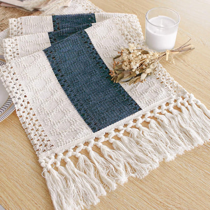 Boho Blue Table Runner 72 Inches Long Macrame Table Runner Farmhouse Style Table Runner with Tassels for Party Bohemian Rustic Wedding Bridal Shower Dining Decor (12X72 Inches)