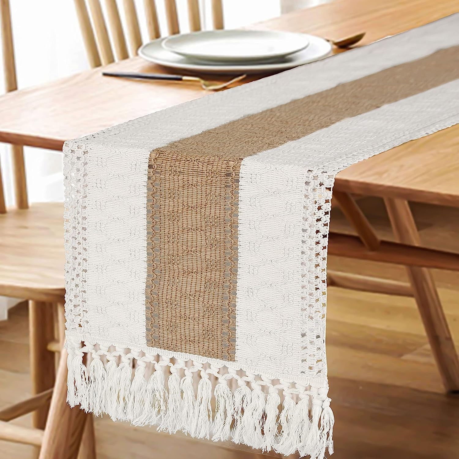 Boho Table Runner for Home Decor with Tassels 72 Inches Long Farmhouse Rustic Table Runner Cream & Brown Macrame Burlap Fall Table Decoration for Living Room Bridal Shower (12X72 Inches)