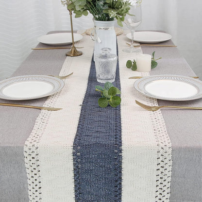 Boho Blue Table Runner 72 Inches Long Macrame Table Runner Farmhouse Style Table Runner with Tassels for Party Bohemian Rustic Wedding Bridal Shower Dining Decor (12X72 Inches)