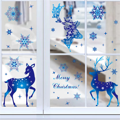 Christmas Sticker on Window Blue Elk Sika Deer Snowflake Stickers Winter Wall Decals New Year Sticker 2022 Christmas Window