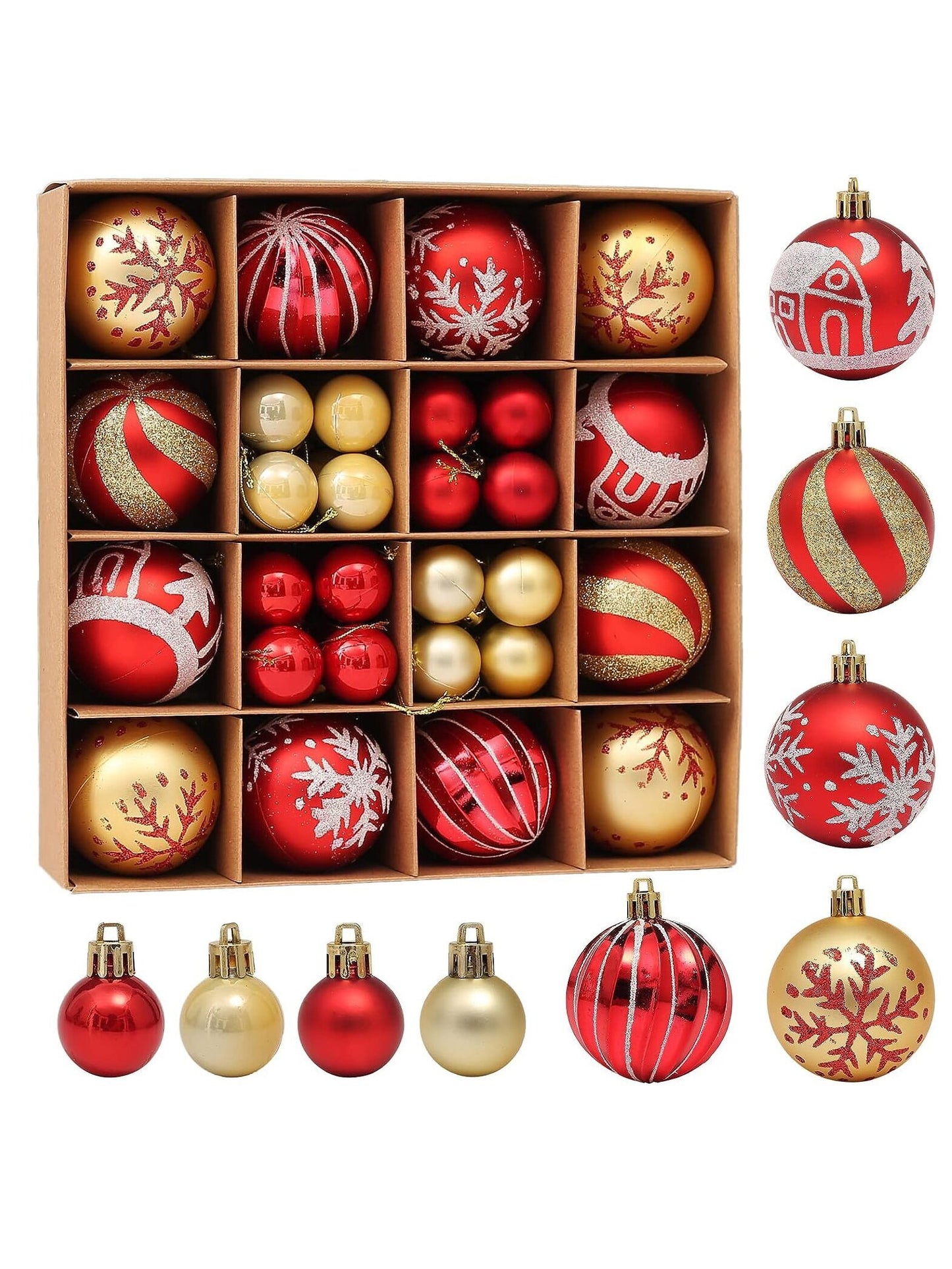 44Pcs Christmas Tree Ornaments, Gold and Red Christmas Ball Decorations Set