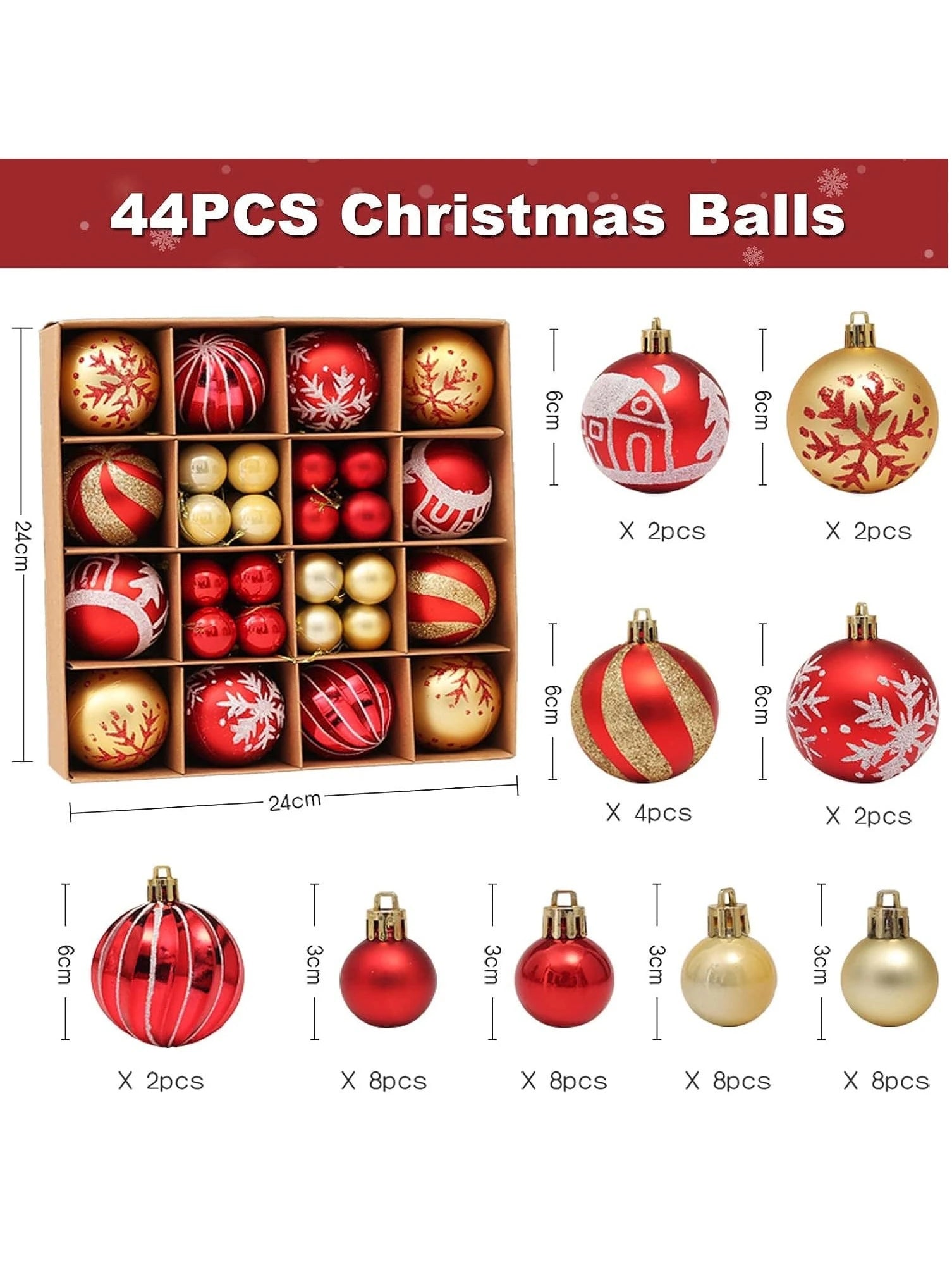 44Pcs Christmas Tree Ornaments, Gold and Red Christmas Ball Decorations Set