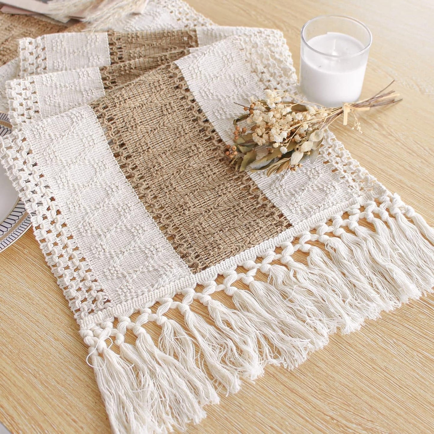 Boho Table Runner for Home Decor with Tassels 72 Inches Long Farmhouse Rustic Table Runner Cream & Brown Macrame Burlap Fall Table Decoration for Living Room Bridal Shower (12X72 Inches)