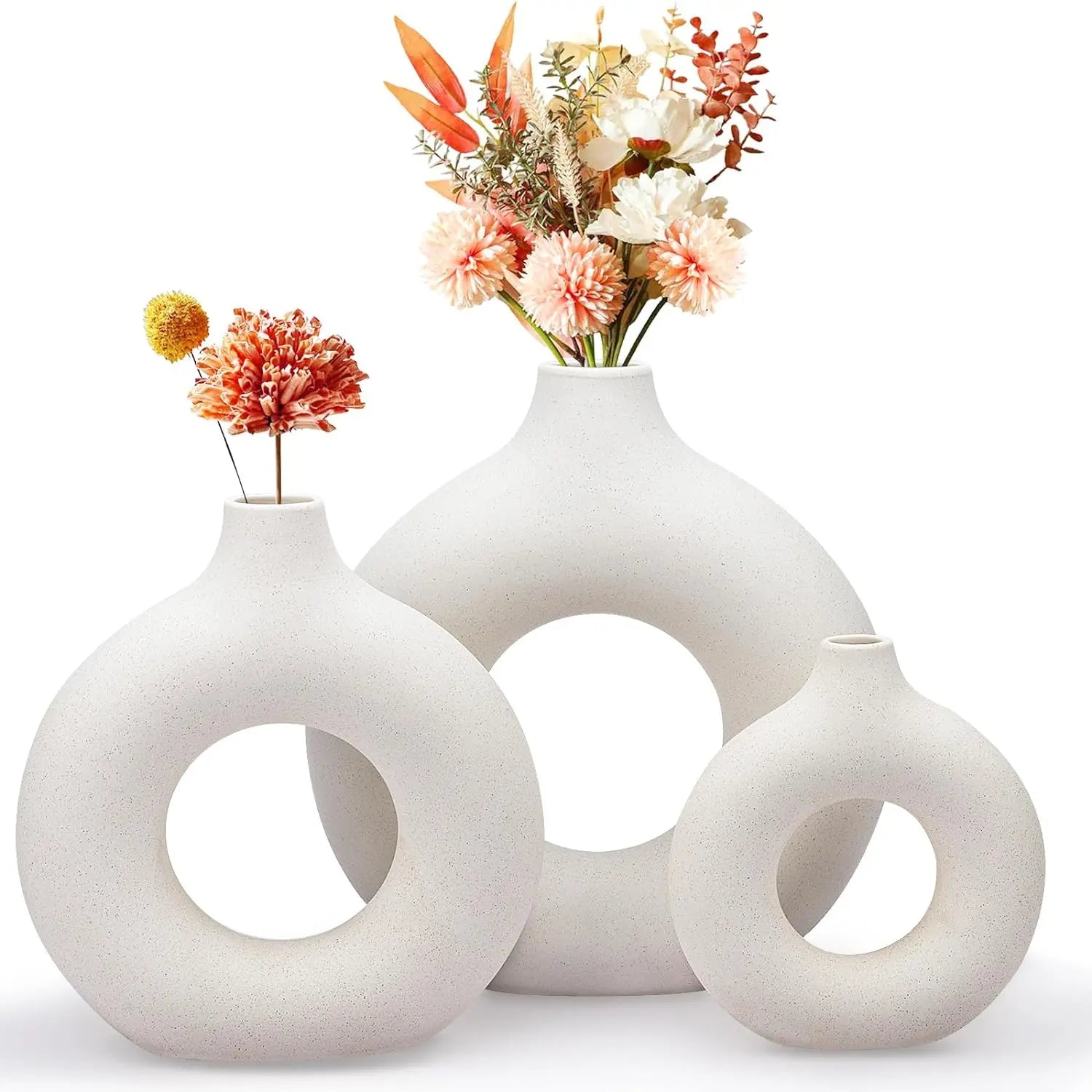 White Ceramic Vase - Modern Vase for Minimalist Decor, Vases for Boho Home Wedding Party Room Dinner Table Shelf Decor (3Pcs)