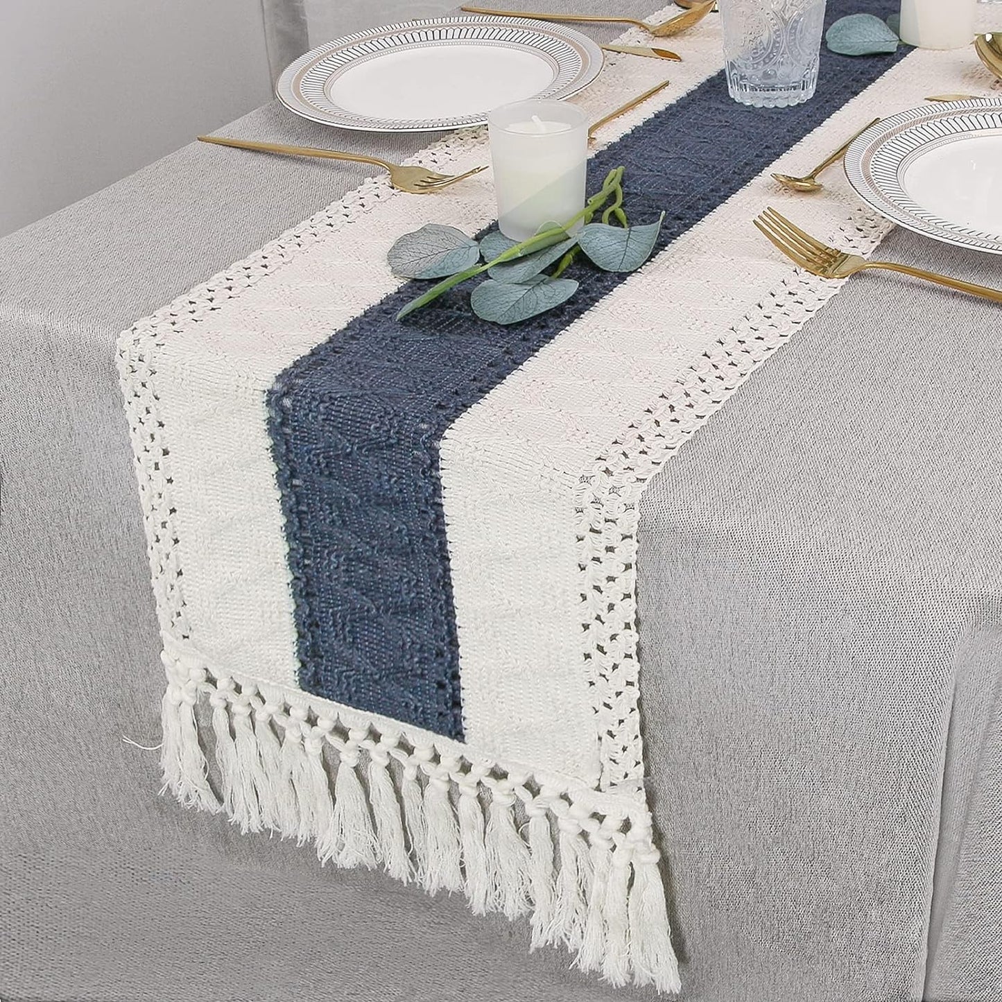 Boho Blue Table Runner 72 Inches Long Macrame Table Runner Farmhouse Style Table Runner with Tassels for Party Bohemian Rustic Wedding Bridal Shower Dining Decor (12X72 Inches)