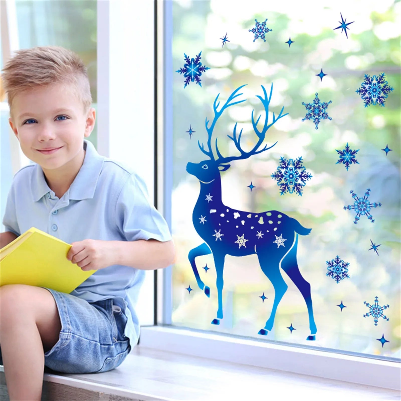 Christmas Sticker on Window Blue Elk Sika Deer Snowflake Stickers Winter Wall Decals New Year Sticker 2022 Christmas Window