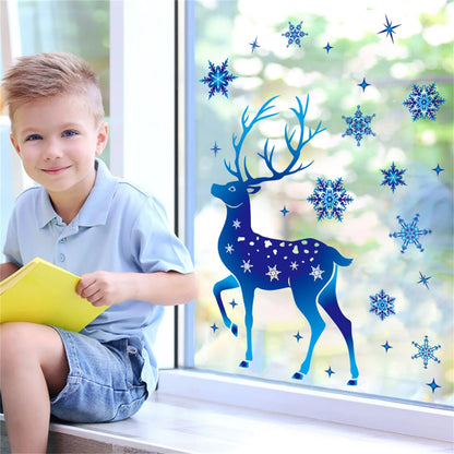 Christmas Sticker on Window Blue Elk Sika Deer Snowflake Stickers Winter Wall Decals New Year Sticker 2022 Christmas Window