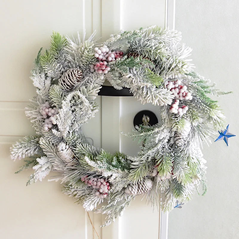 Home Christmas Decorations Mori Snow Christmas Wreath Flocking Cedar Christmas Door Hanging European Decoration Merry Christmas