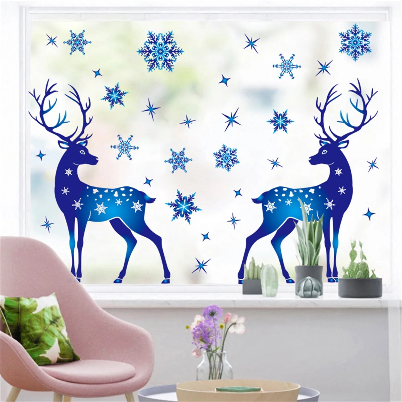 Christmas Sticker on Window Blue Elk Sika Deer Snowflake Stickers Winter Wall Decals New Year Sticker 2022 Christmas Window