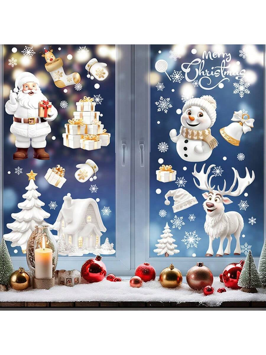 1 Set of 9Pcs Christmas Snowflake Static Clings, Santa Claus and Reindeer Patterns, for Mirror, Glass, Window Christmas Decorations