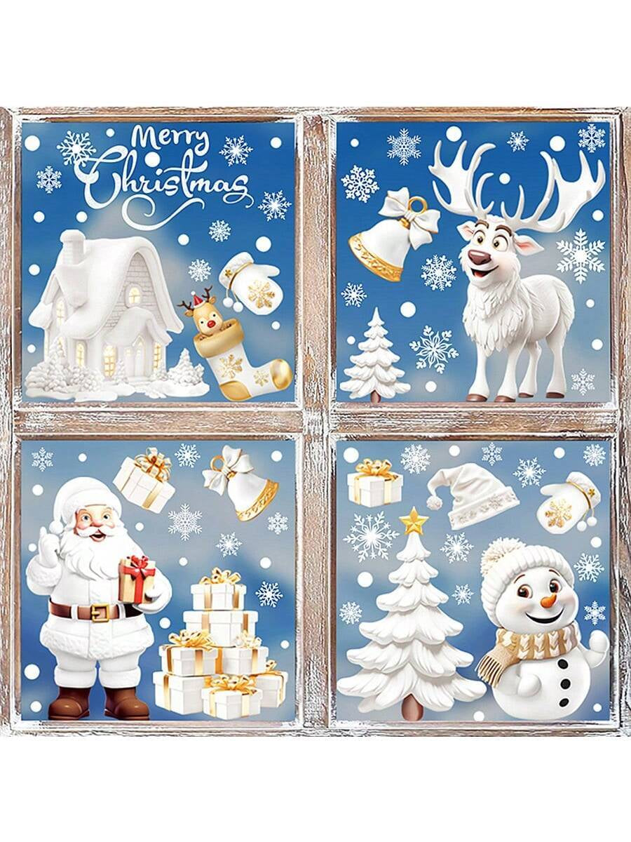 1 Set of 9Pcs Christmas Snowflake Static Clings, Santa Claus and Reindeer Patterns, for Mirror, Glass, Window Christmas Decorations